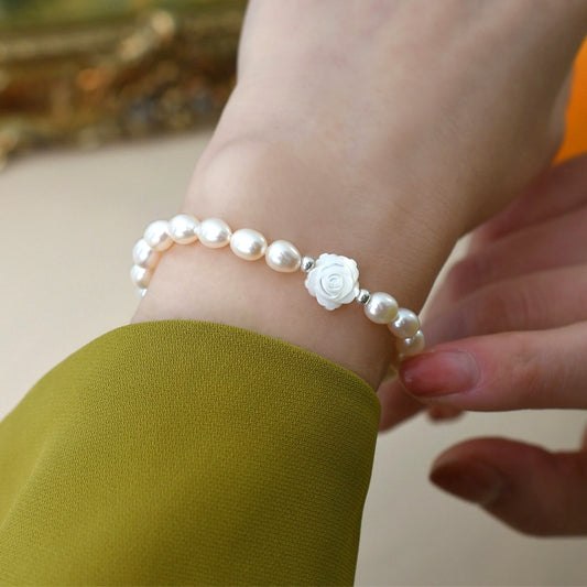 ASHIQI Natural Freshwater Pearl Shell Flower Bracelet