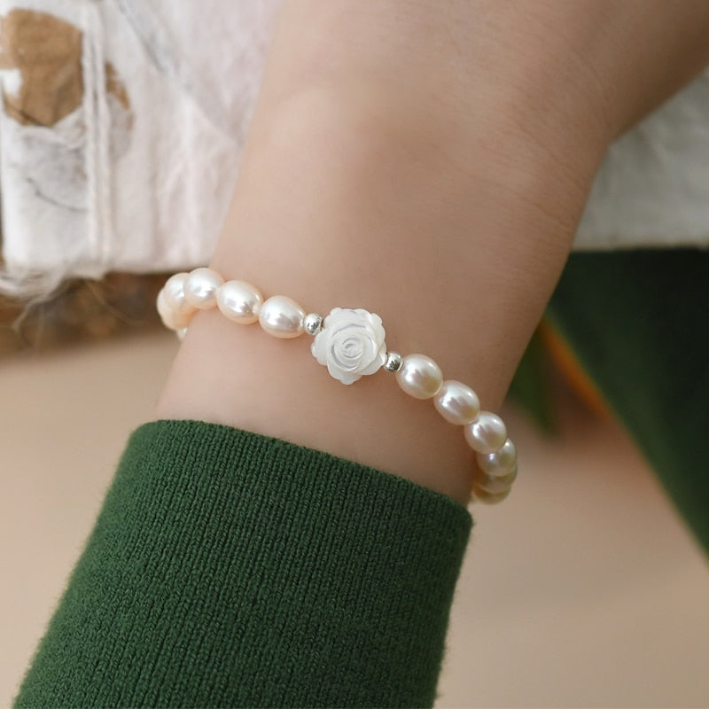 ASHIQI Natural Freshwater Pearl Shell Flower Bracelet