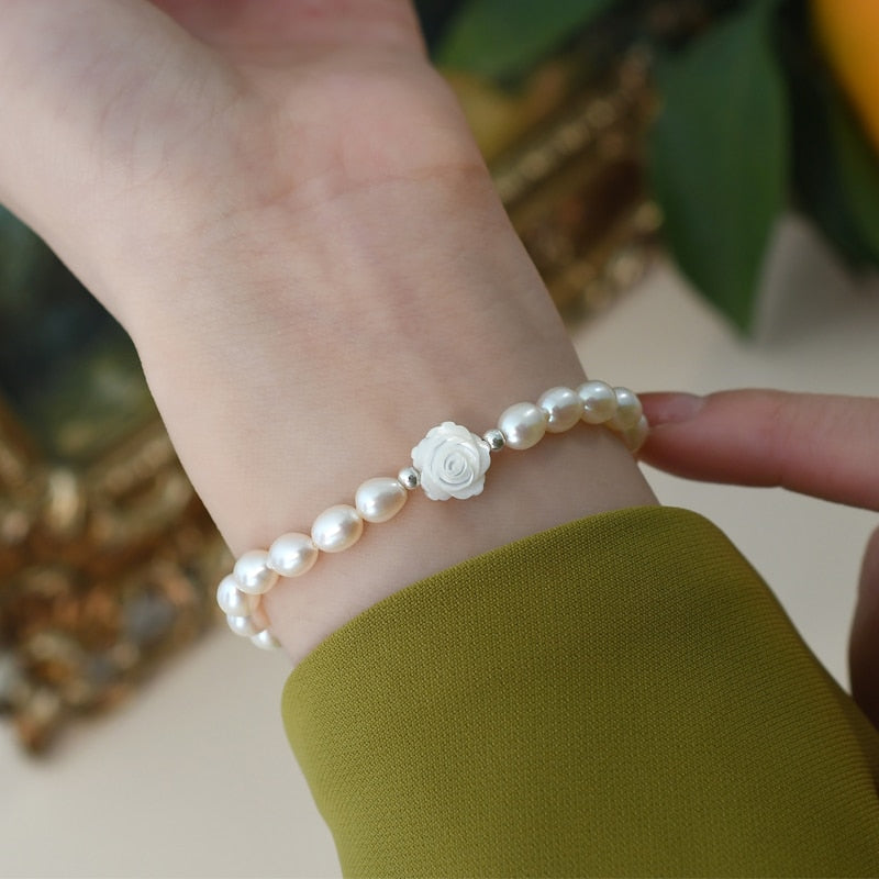 ASHIQI Natural Freshwater Pearl Shell Flower Bracelet